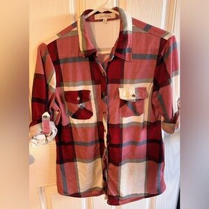 Eden & Olivia Plaid Button Up Shirt 3/4 Rolled tab sleeves Size Medium